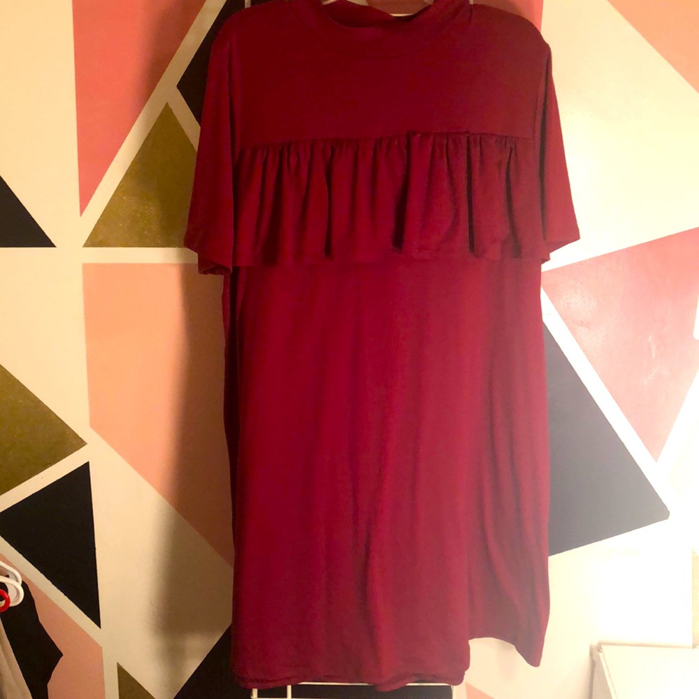 Wine ruffled  short sleeve shirt dress